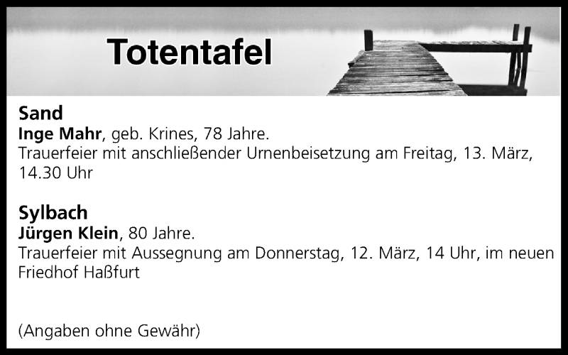  Traueranzeige für Totentafel vom 11.03.2020 vom 11.03.2020 aus MGO