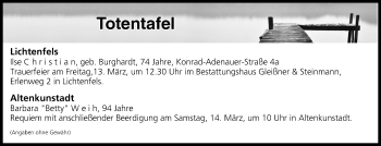 Anzeige von Totentafel vom 12.03.2020 von MGO