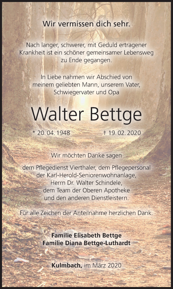  Traueranzeige für Walter Bettge vom 21.03.2020 aus MGO