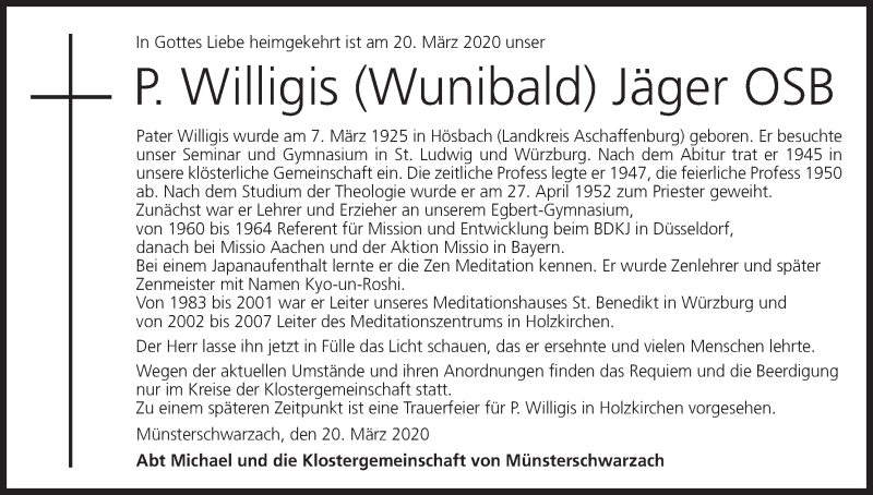  Traueranzeige für Willigis Jäger vom 23.03.2020 aus MGO