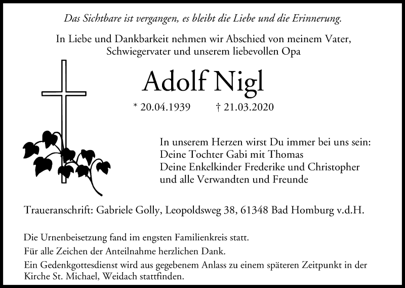  Traueranzeige für Adolf Nigl vom 04.04.2020 aus MGO