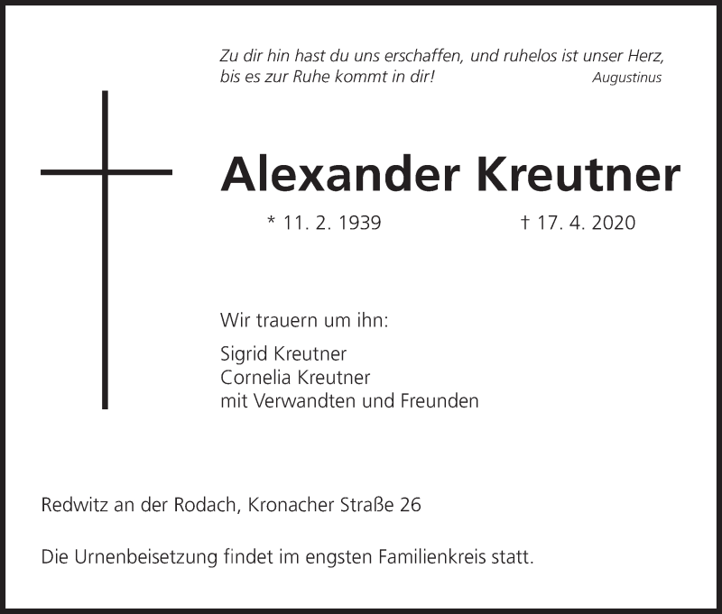  Traueranzeige für Alexander Kreutner vom 23.04.2020 aus MGO