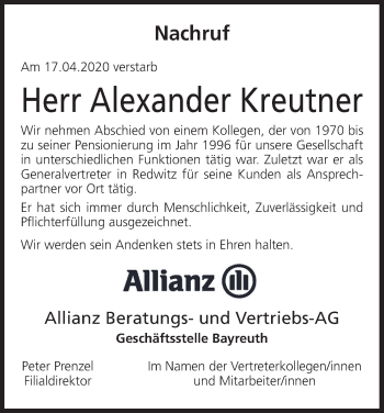 Anzeige von Alexander Kreutner von MGO
