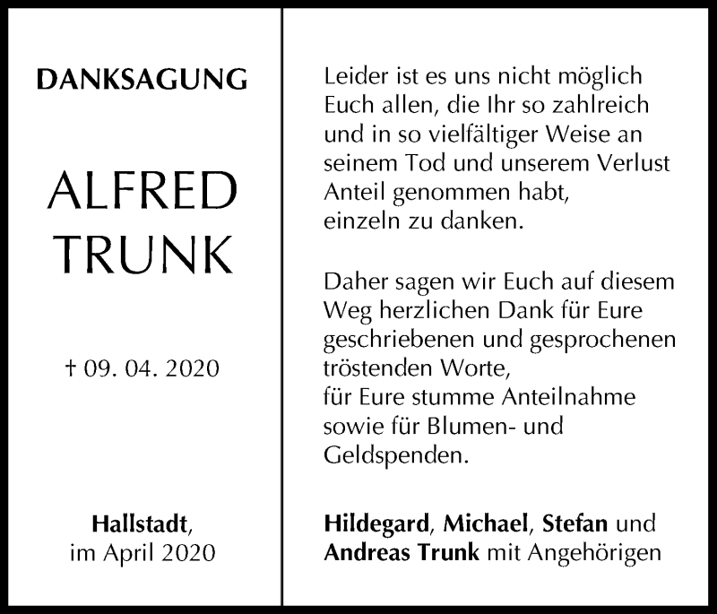  Traueranzeige für Alfred Trunk vom 25.04.2020 aus MGO