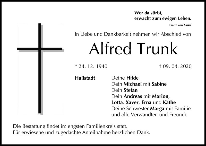  Traueranzeige für Alfred Trunk vom 15.04.2020 aus MGO