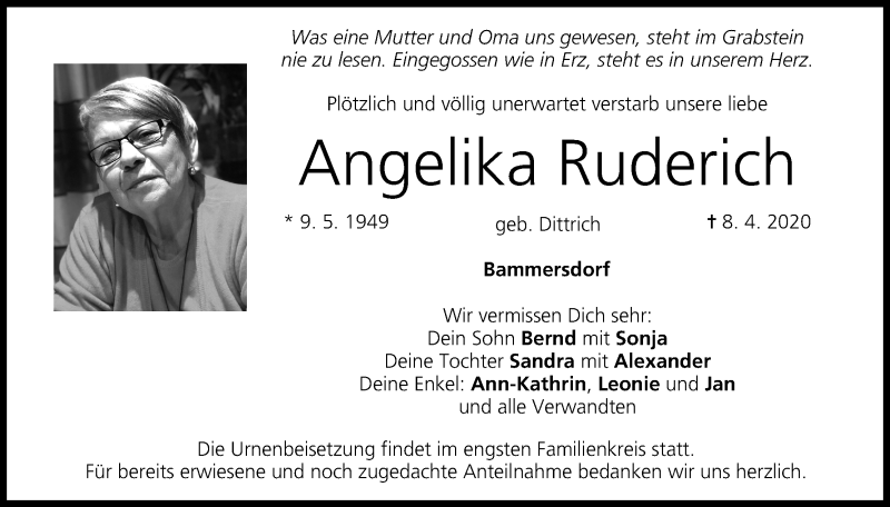  Traueranzeige für Angelika Ruderich vom 11.04.2020 aus MGO
