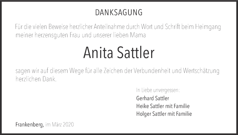  Traueranzeige für Anita Sattler vom 31.03.2020 aus MGO