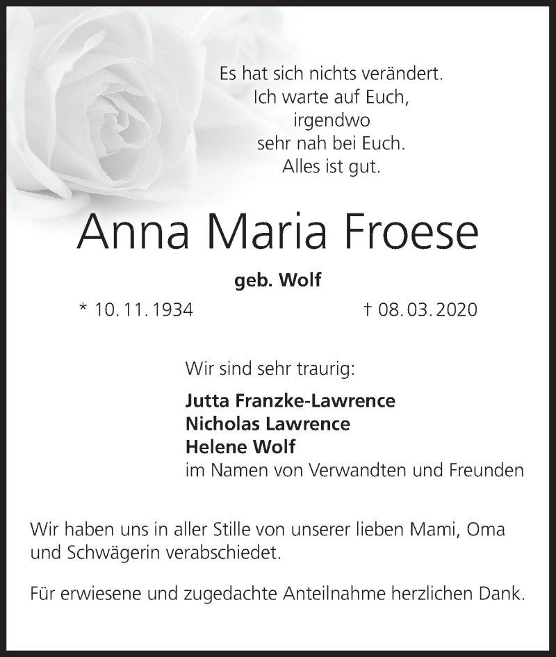  Traueranzeige für Anna Maria Froese vom 11.04.2020 aus MGO