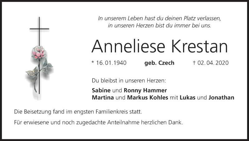  Traueranzeige für Anneliese Krestan vom 11.04.2020 aus MGO