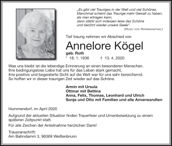 Anzeige von Annelore Kögel von MGO