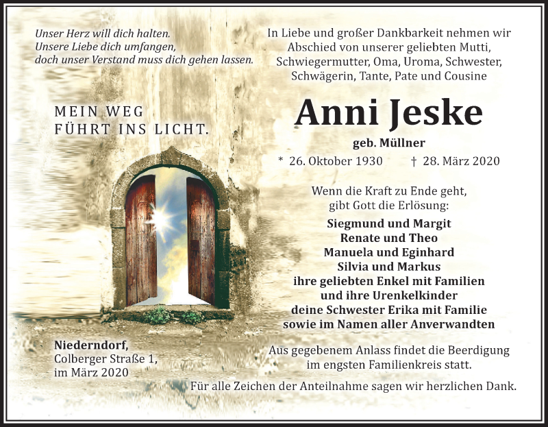  Traueranzeige für Anni Jeske vom 31.03.2020 aus MGO
