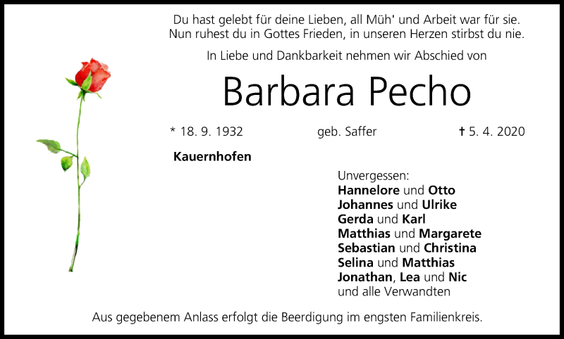  Traueranzeige für Barbara Pecho vom 08.04.2020 aus MGO