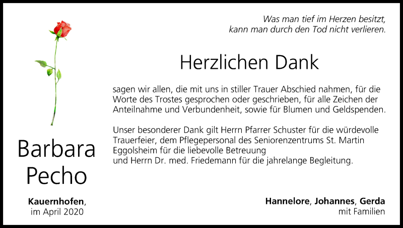  Traueranzeige für Barbara Pecho vom 25.04.2020 aus MGO