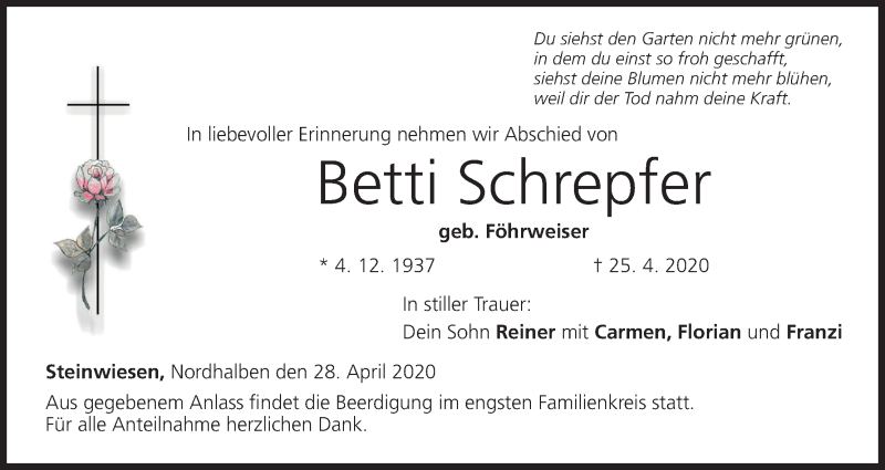  Traueranzeige für Betti Schrepfer vom 28.04.2020 aus MGO