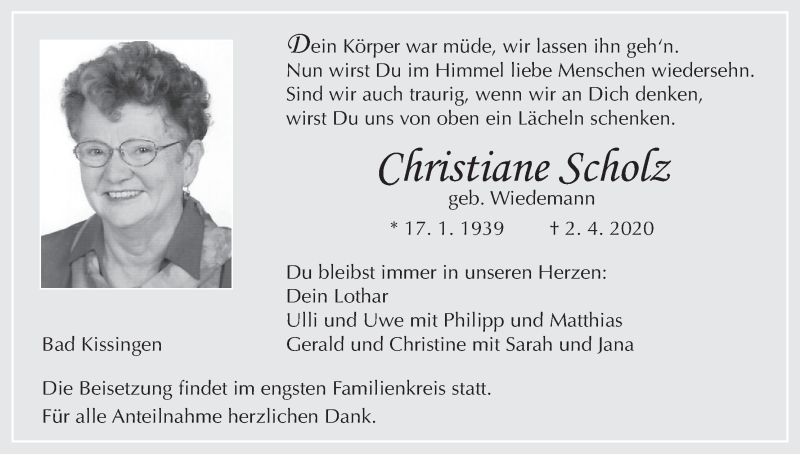  Traueranzeige für Christiane Scholz vom 07.04.2020 aus MGO
