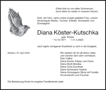 Anzeige von Diana Köster-Kutschka von MGO