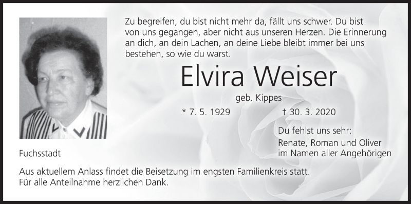  Traueranzeige für Elvira Weiser vom 03.04.2020 aus MGO