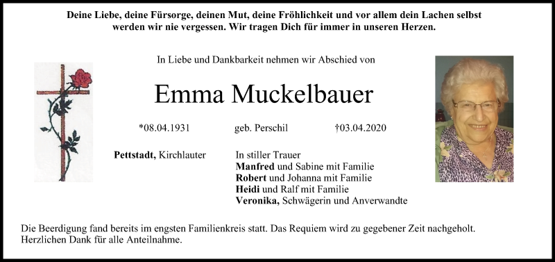  Traueranzeige für Emma Muckelbauer vom 11.04.2020 aus MGO