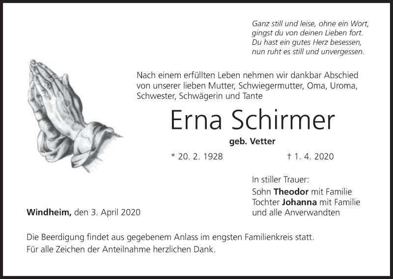  Traueranzeige für Erna Schirmer vom 03.04.2020 aus MGO