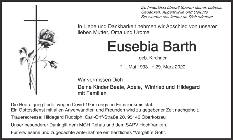  Traueranzeige für Eusebia Barth vom 03.04.2020 aus MGO