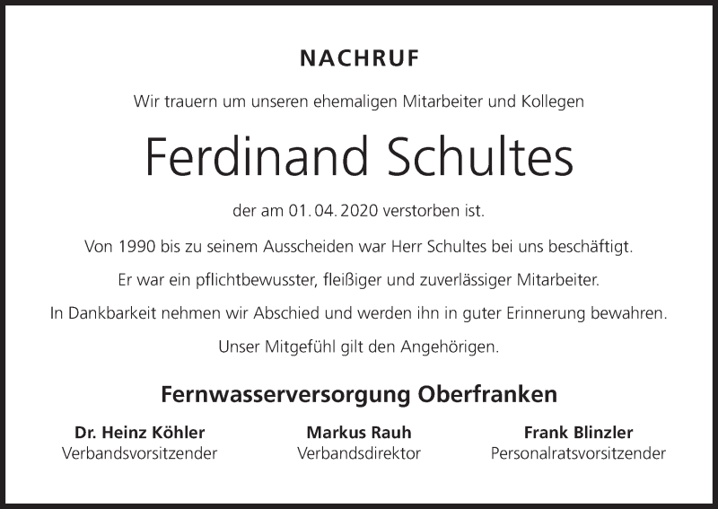 Traueranzeige für Ferdinand Schultes vom 09.04.2020 aus MGO