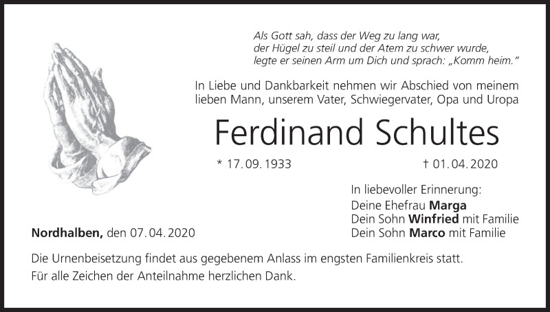  Traueranzeige für Ferdinand Schultes vom 07.04.2020 aus MGO