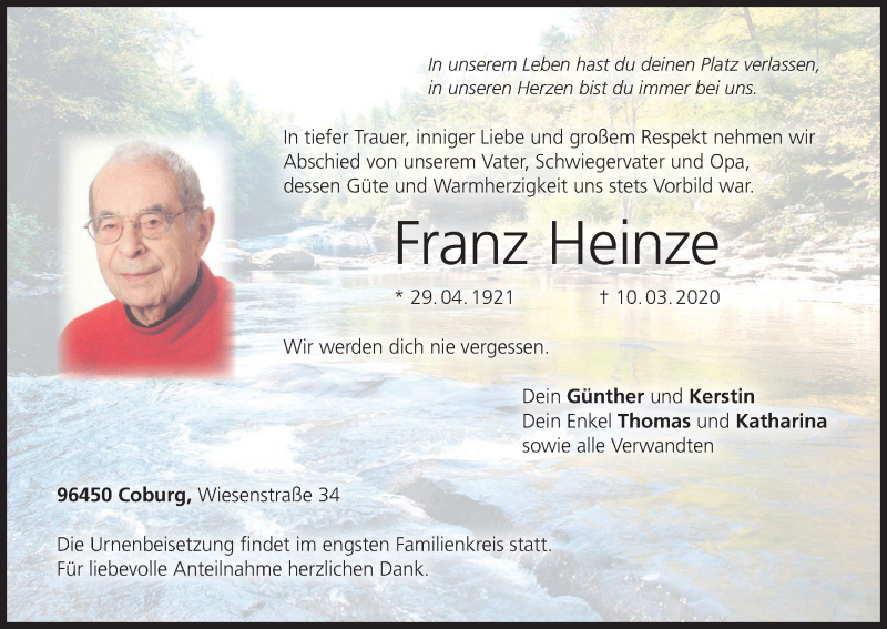  Traueranzeige für Franz Heinze vom 01.04.2020 aus MGO