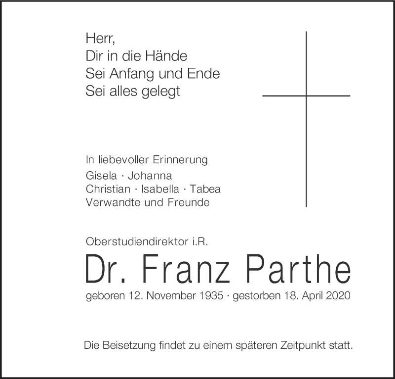  Traueranzeige für Franz Parthe vom 25.04.2020 aus MGO