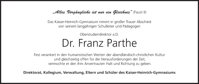  Traueranzeige für Franz Parthe vom 28.04.2020 aus MGO