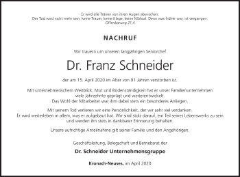 Anzeige von Franz Schneider von MGO