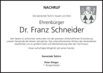 Anzeige von Franz Schneider von MGO