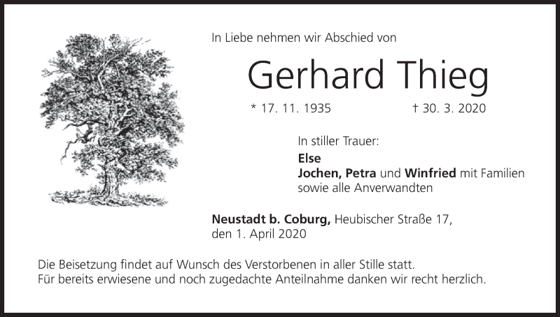 Traueranzeige für Gerhard Thieg vom 01.04.2020 aus MGO