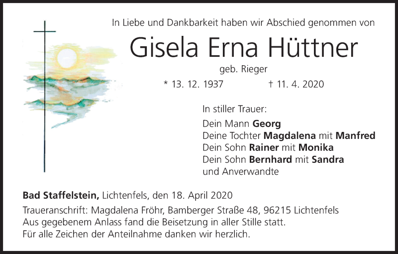  Traueranzeige für Gisela Erna Hüttner vom 18.04.2020 aus MGO