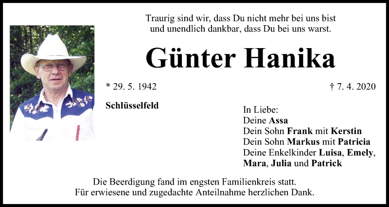  Traueranzeige für Günter Hanika vom 11.04.2020 aus MGO