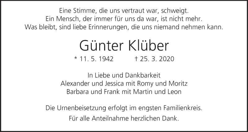  Traueranzeige für Günter Klüber vom 04.04.2020 aus MGO