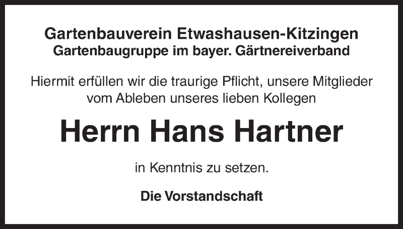  Traueranzeige für Hans Hartner vom 04.04.2020 aus MGO