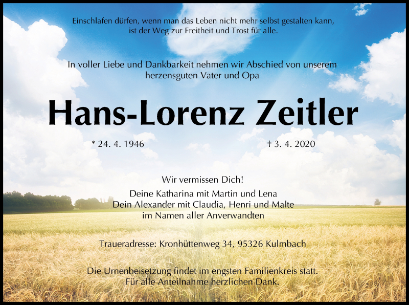  Traueranzeige für Hans-Lorenz Zeitler vom 11.04.2020 aus MGO