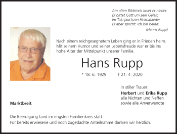 Anzeige von Hans Rupp von MGO