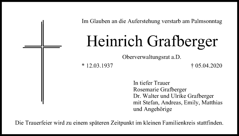  Traueranzeige für Heinrich Grafberger vom 11.04.2020 aus MGO