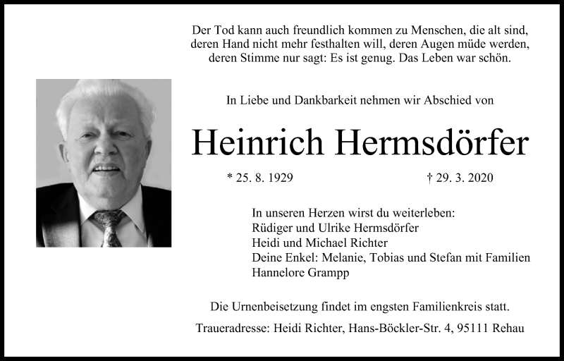 Traueranzeige für Heinrich Hermsdörfer vom 04.04.2020 aus MGO