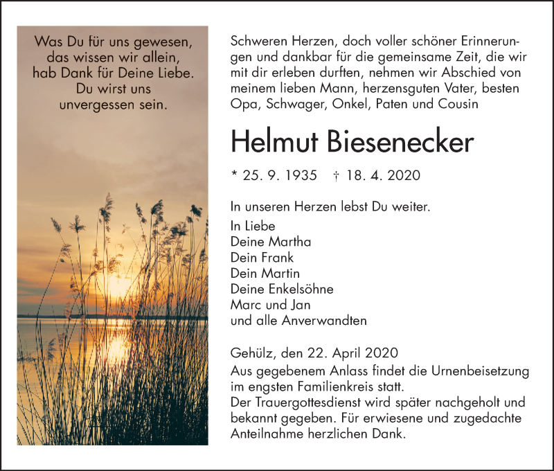  Traueranzeige für Helmut Biesenecker vom 22.04.2020 aus MGO