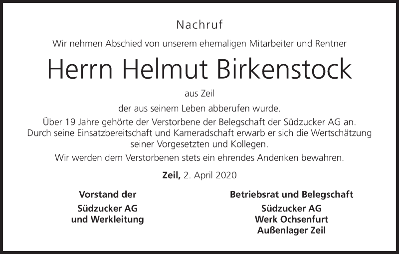  Traueranzeige für Helmut Birkenstock vom 03.04.2020 aus MGO