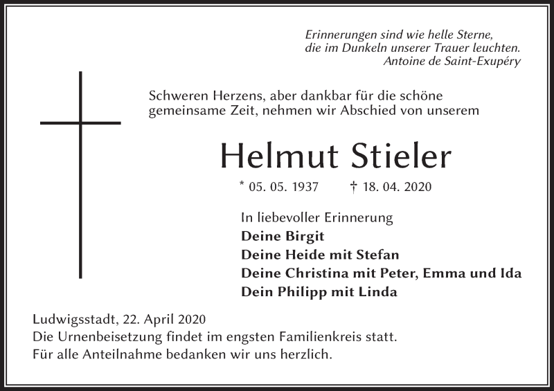  Traueranzeige für Helmut Stieler vom 22.04.2020 aus MGO