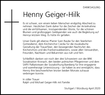 Anzeige von Henny Geiger-Hilk von MGO