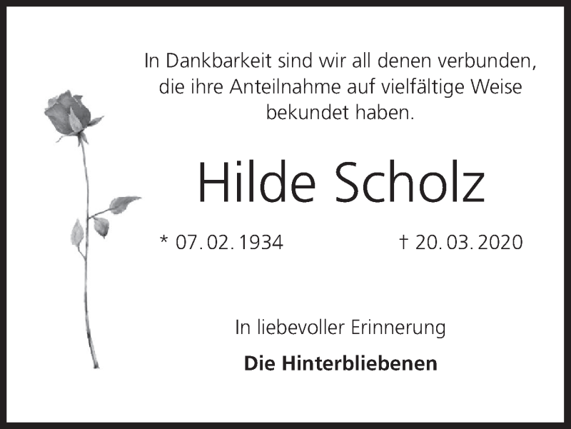  Traueranzeige für Hilde Scholz vom 11.04.2020 aus MGO