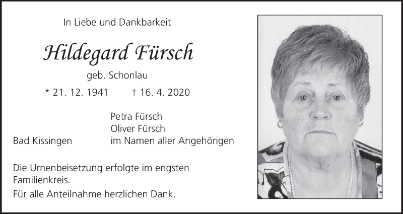  Traueranzeige für Hildegard Fürsch vom 25.04.2020 aus MGO