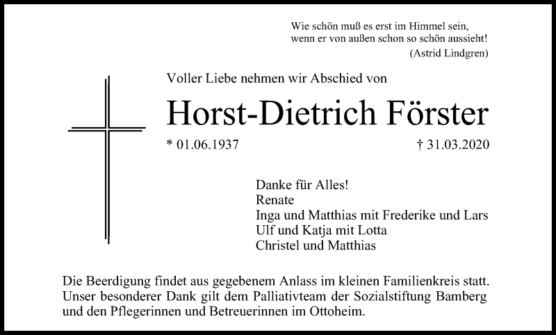  Traueranzeige für Horst-Dietrich Förster vom 04.04.2020 aus MGO