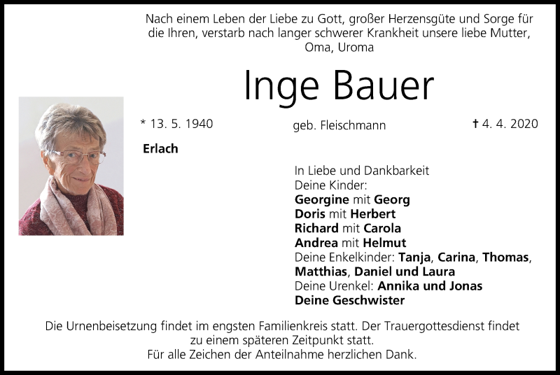  Traueranzeige für Inge Bauer vom 09.04.2020 aus MGO