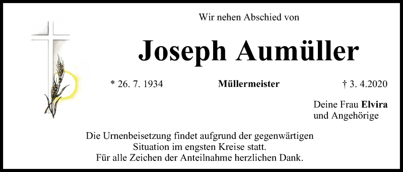  Traueranzeige für Joseph Aumüller vom 11.04.2020 aus MGO