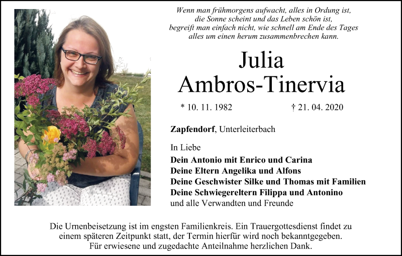  Traueranzeige für Julia Ambros-Tinervia vom 25.04.2020 aus MGO
